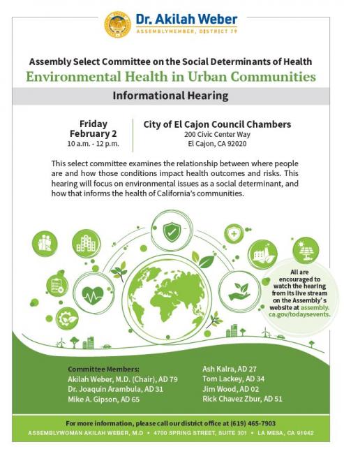 social determinants of health hearing flyer february 2 2024 from 10am to 12pm at the city of el cajon council chambers